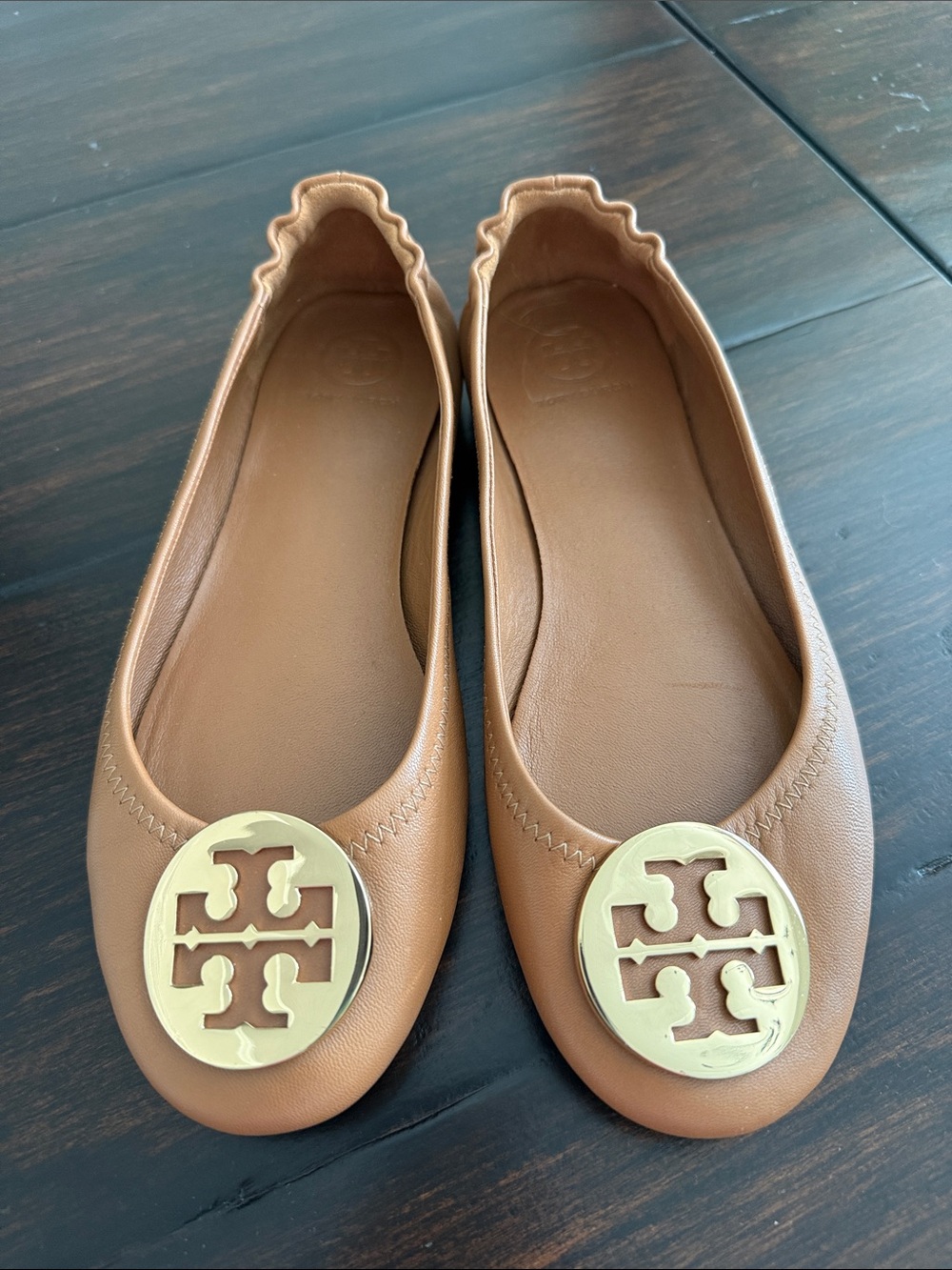 Tory Burch Cognac Leather Logo Ballet Flats